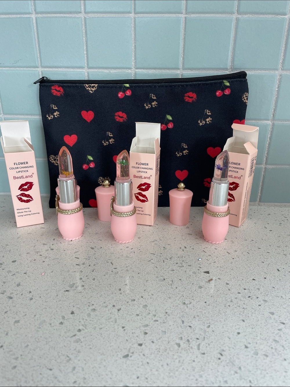 Flower Jelly Lipstick Set Temperature Change Moisturizer with makeup/travel bag
